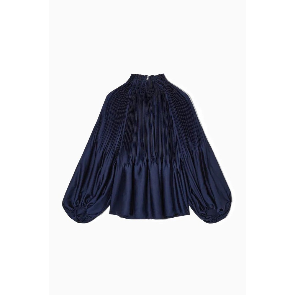COS Navy Pintuck High-Neck Pleated Blouse